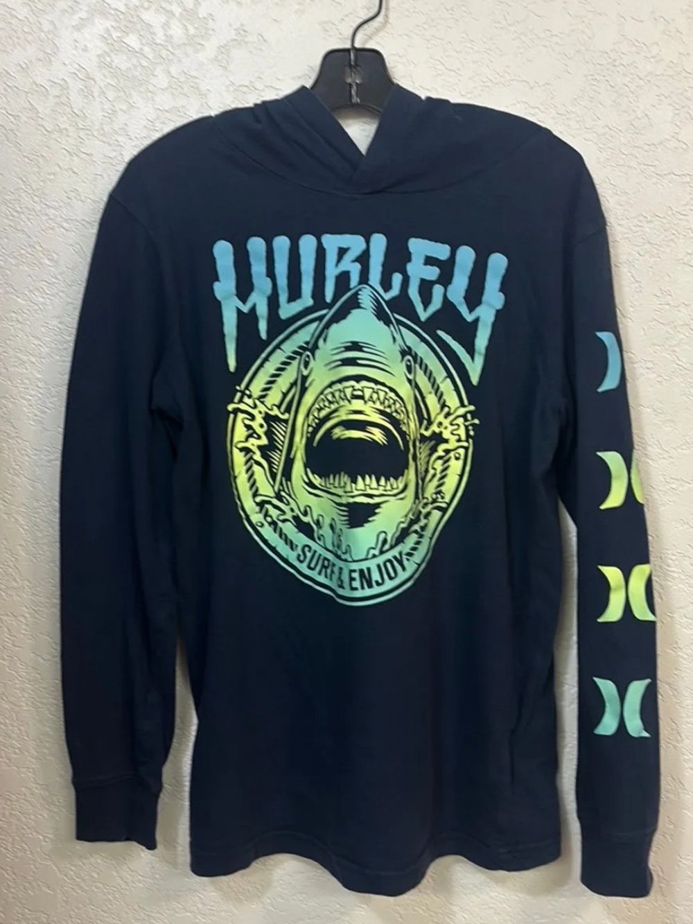 Hurley BOYS Long Sleeve Hooded Graphic T-Shirt, shark and “SURF & ENJOY"